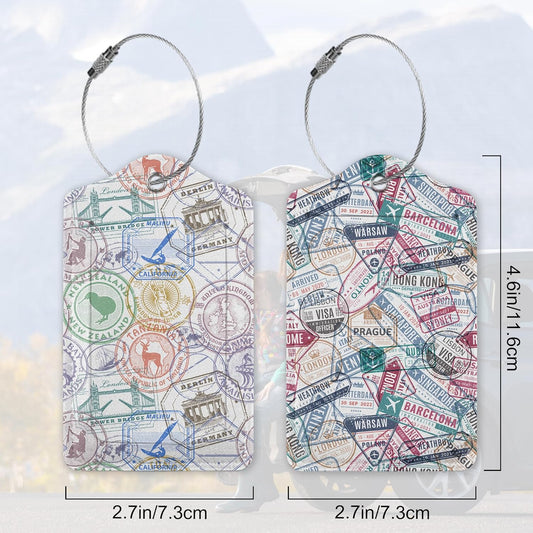 Travel Stamp,Travel Retro Labels Luggage Tags for Suitcases, 2 Pack Cute PU Leather Suitcase Tag Identifiers with Address Card for Baggage Tag