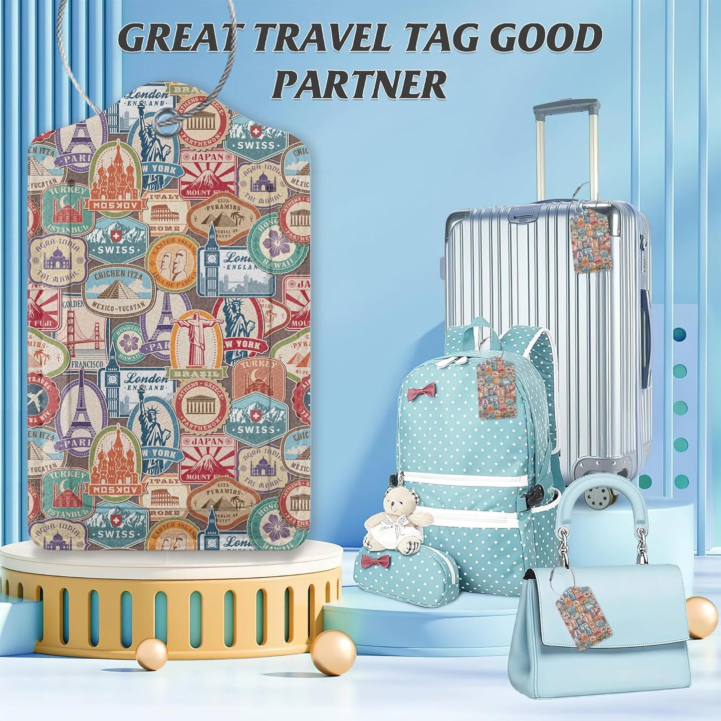 3 Pack Luggage Tag for Suitcase,Travel Stamp Leather Luggage Tags with Privacy Cover Name ID Label Identifiers Travel Bag Tags for Women Men Boys Girls