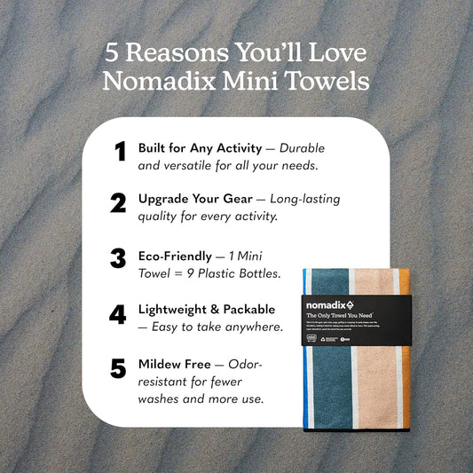 Nomadix Mini Towel - Perfect for Beach, Pool, Travel, Camping, Yoga - Made with Recycled Materials - Super Absorbent - Sand Resistant - Stripes Retro - 16x40