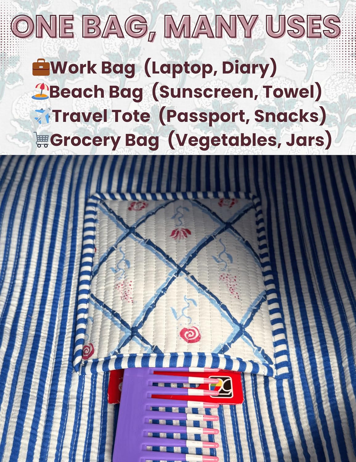 Cotton Quilted Tote Bag for Women – Large Beach & Travel Tote with Zipper, Reusable Grocery Bag