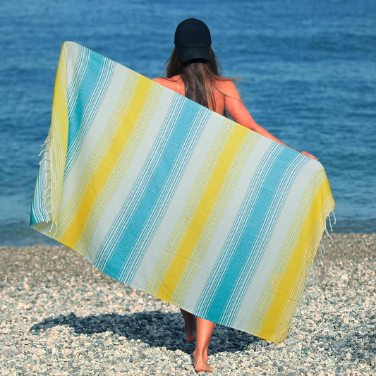 HILLFAIR Cotton Turkish Beach Towels, Quick Dry Lightweight Sand Free Peshtemal Towel for Bath Swim Yoga Travel, Beach Accessories, Oversized Cotton Turkish Towels (39 x 72 inch- 4 Pack Yellow Blue)