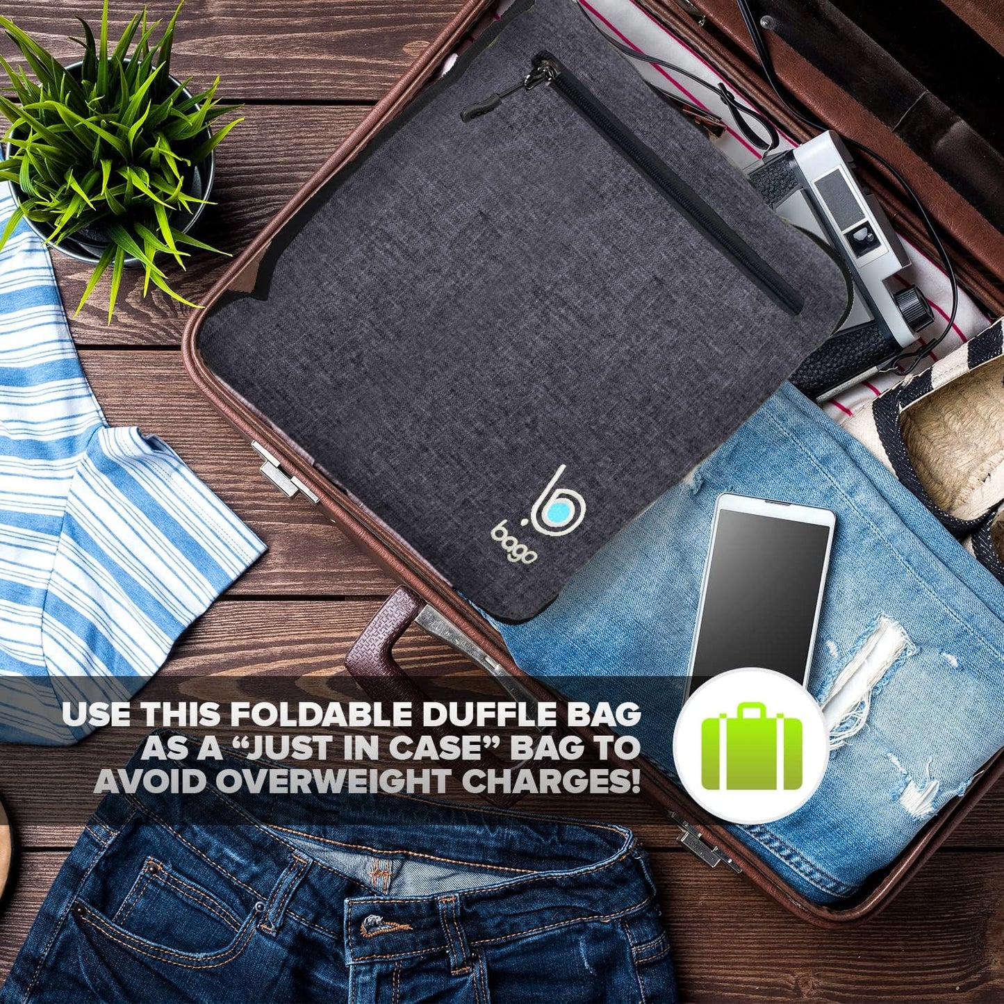 Bago Big XXL Foldable Duffel Bags for Traveling Women & Men - 140L Packable Duffle Bag for Travel with Shoe Compartment - Water Repellant, Heavy Duty, Lightweight Folding & Collapsible (SnowBlack)