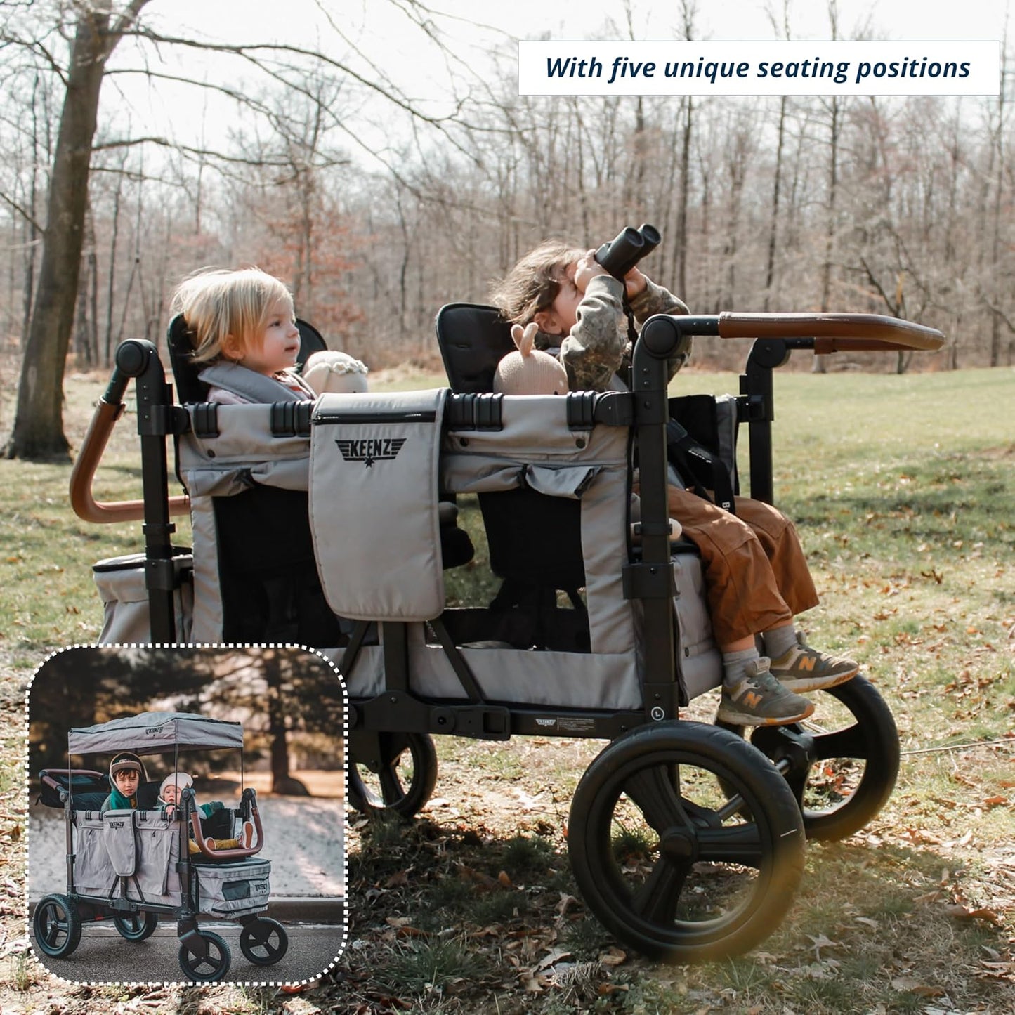 Keenz VYOO Stroller Wagon with Canopy - Foldable Design for Easy Storage, 5 Seating Positions for Kids, Enhanced Child Safety, All-Terrain Mobility, 4-Passangers, Grey