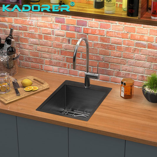 15 x 20 Inch Black Drop In Kitchen Sink - Single Bowl Topmount Bar Prep Sink - 18 Gauge Stainless Steel with Grid and Basket Strainer