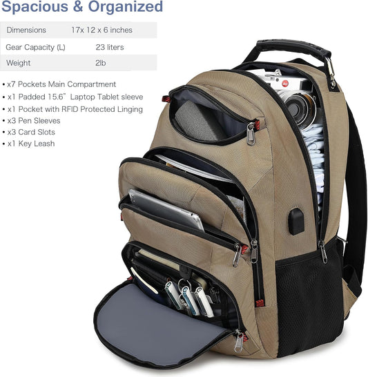 Boavan Laptop Backpack for men, 15.6 inch Laptop Bag with USB Port, Waterproof Travel Work Backpack Purse, Anti-Theft Teacher Nurse Doctor Casual Bookbags Office Business backpack,Khaki