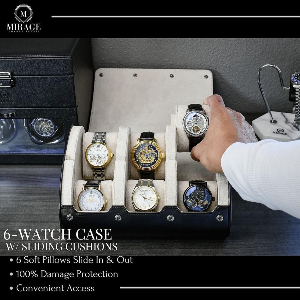 M Mirage Luxury Travel 6 watch display case organizer - Jade Black & Ivory White