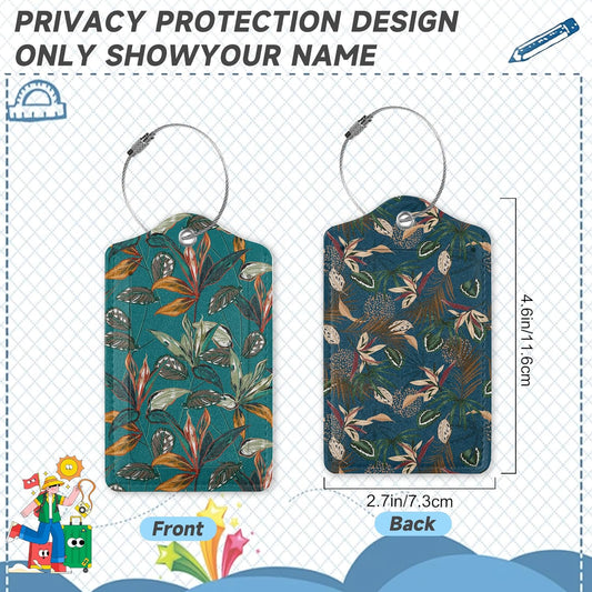 2 Pack Luggage Tags for Suitcases Retro Tropical Plants Luggage Tag, Leather Stainless Steel Loop Label Tag for Men Women Travel Bag Suitcase