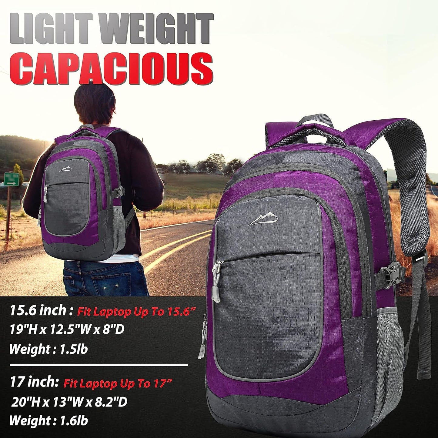 ProEtrade Extra Large Backpack Bookbag for College Travel Laptop Business Hiking Backpack Fit Laptop Up to 17 Inch Sturdy Multi Compartment Gifts for Men Women Night Light Reflective (Light Purple A)