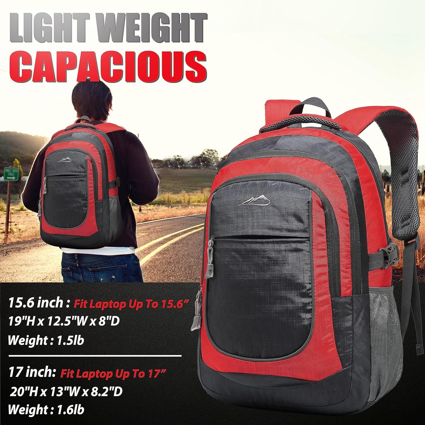 ProEtrade Backpack Bookbag for College Sturdy Travel Business Hiking Fit Laptop Up to 15.6 Inch Multi Compartment Gifts for Men Women Night Light Reflective (red)