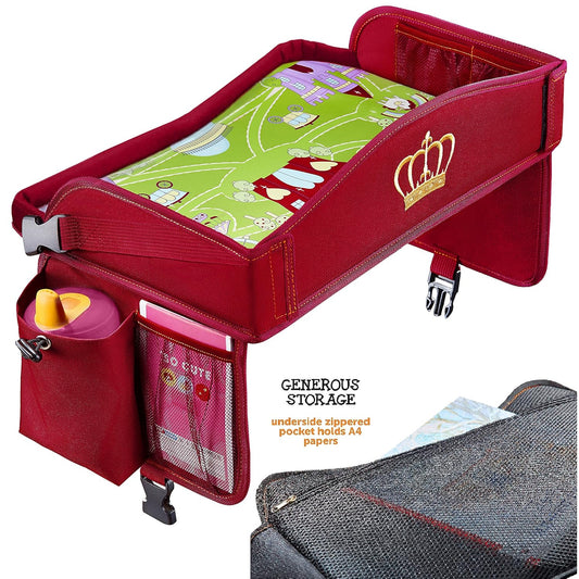 Coolmum Kids Travel Tray, Toddler Car Seat Tray, Double Sided Activity Organizer, Snack Lap Tray, Baby Stroller Table, Airplane Play Table, Waterproof and Foldable (Premium Red)