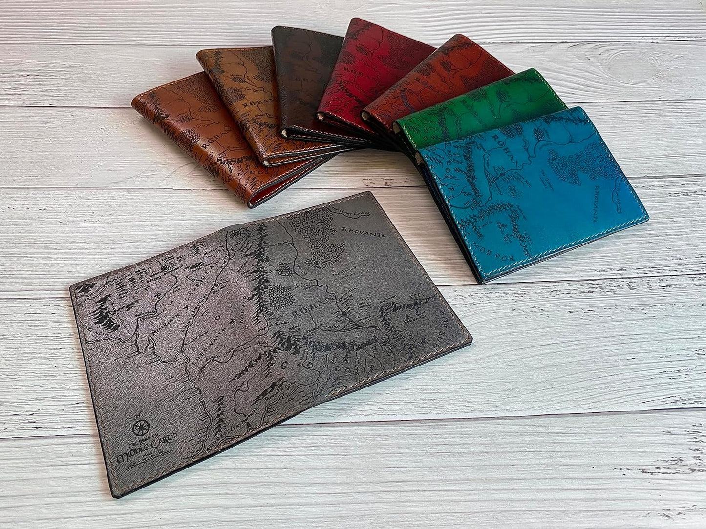 Handmade Leather Passport Wallet with Ancient Map Design, 4 Pockets, Genuine Brown Leather - 1SM