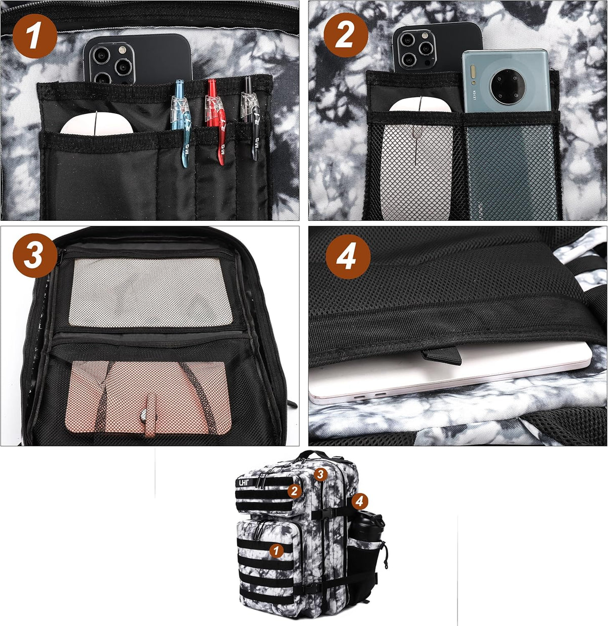 LHI Military Tactical Backpack for Men Molle Daypack 45L Army 3 Days Assault Pack Bag Large Rucksack With Bottle Holder Black and White(12*20*12)