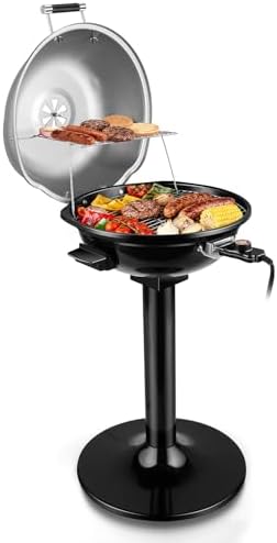 Electric Grill, Techwood Indoor/Outdoor Electric BBQ Grill, 1600W Portable Removable Stand Grill with Adjustable Heat & Drip Tray, Double Layer Design for Party, Patio & Backyard, Dust Cover(Silver)