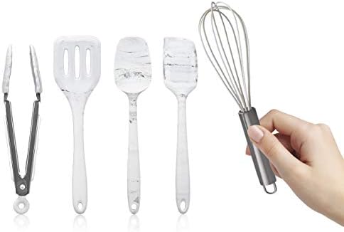 COOK WITH COLOR Silicone Cooking Utensils, Kitchen Utensil Set, Easy to Clean Silicone Kitchen Utensils, Cooking Utensils for Nonstick Cookware, Kitchen Gadgets Set, Mini, Marble White