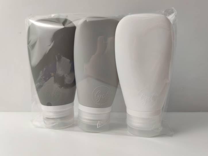 Travel Bottles for Toiletries, TSA Approved 3oz Leak Proof Silicone Refillable Squeeze Travel Size Containers BPA Free for Cleansers, Lotions, Shampoo 3-pk (Black-Gray-White)