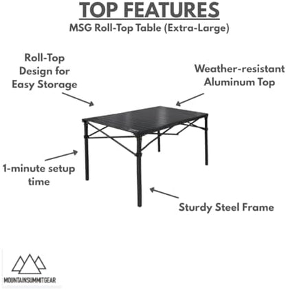 MOUNTAIN SUMMIT GEAR Heavy-Duty Roll-Top Table for Camping - Portable Aluminum-Top Folding Table with Steel Frame by Caddis Sports, Inc. (Extra Large)