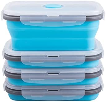 Collapsible Food Storage Containers with Airtight Lid & Air Vent, 16.9 oz, Kitchen Stacking Silicone Collapsible Meal Prep Container Set for Leftover, Microwave Freezer Dishwasher Safe, Blue, Set of 4