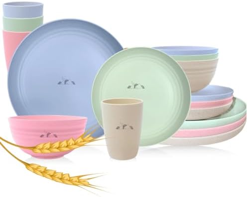 24 Pcs Wheat Straw Dinnerware Sets for 4-Unbreakable Reusable Plates and Bowls Sets Lightweight BPA Free,Microwave Safe,RV Camping Colourful cups Dishes for Dessert with Knife Fork