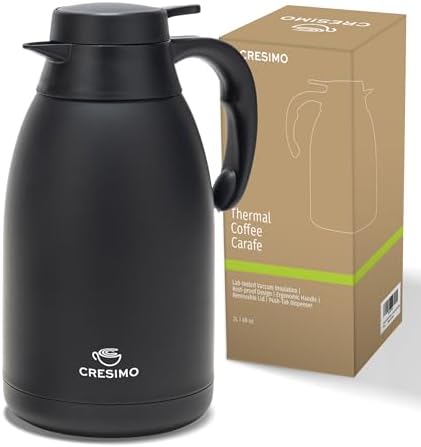 Cresimo 68 Oz Stainless Steel Black Thermal Coffee Carafe/Double Walled Vacuum Flask / 12 Hour Heat Retention / 2 Liter Tea, Water, and Coffee Dispenser