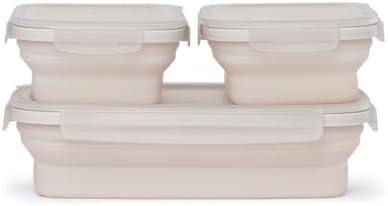 Drip EZ Secondz Collapsible Food Storage Containers (set of 3) - Meal Prep, Leftovers, Lunch, Camping, Hiking - Dishwasher & Microwave Safe - BPA-free Silicone - Locking Lids - Sandstone
