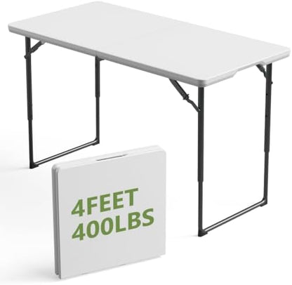 4FT Folding Table 3 Levels Adjustable Height, Heavy Duty Fold-in-Half Portable Table, 400 lbs Capacity Foldable Table for Party Dining Camping Events Picnic Outdoor Indoor Use