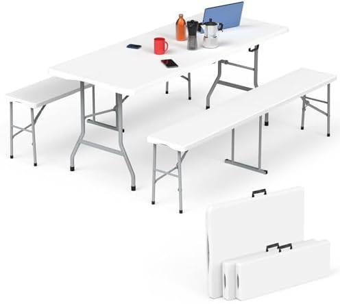 Folding Table Picnic Table Set with 2 Benches, 6 ft Camping Table Chair Set