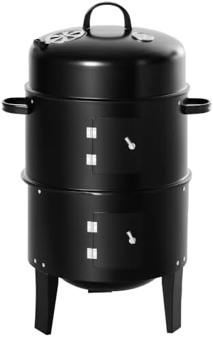 Outsunny Vertical Charcoal BBQ Smoker 3-in-1 16" Round, Black