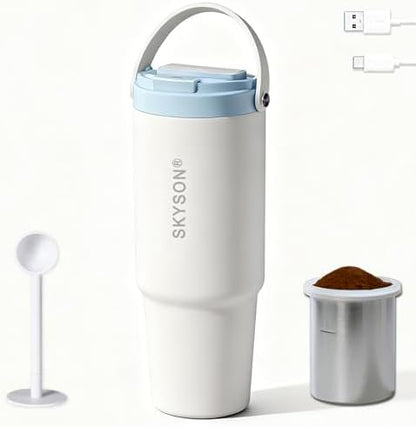 minkah Fast Extraction Mini Electric Coffee Maker - Portable Filter Coffee Brewer for Travel,Insulated Stainless Steel Tumbler,30 oz Reusable Iced Coffee Cup Machine,Hot Coffee Mug with Lid (White)