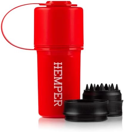 Hemper Keeper 3-in-1 Grinder & Storage Container – Compact Organizer with Removable Grinder, Dual Compartments for Raw & Ground Materials, Travel-Friendly with Clip Attachment – (Red)