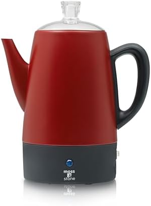 Moss & Stone 10 Cup Red Electric Percolator Coffee Pot, Stainless Steel