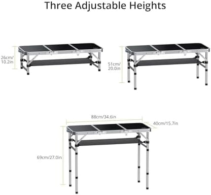 Anbte 3ft Folding Camping Table, 3 Adjustable Height Max 27.5", Black