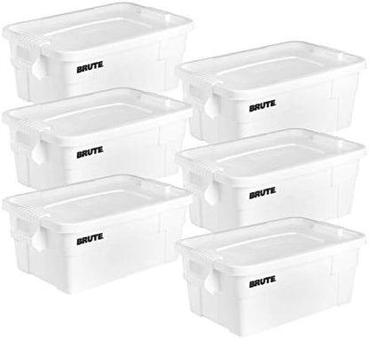 Rubbermaid Commercial Products BRUTE Tote Storage Bin with Lid, 14-Gallon, White, Rugged/Reusable Boxes for Moving/Camping/Garage/Basement Storage, Pack of 6
