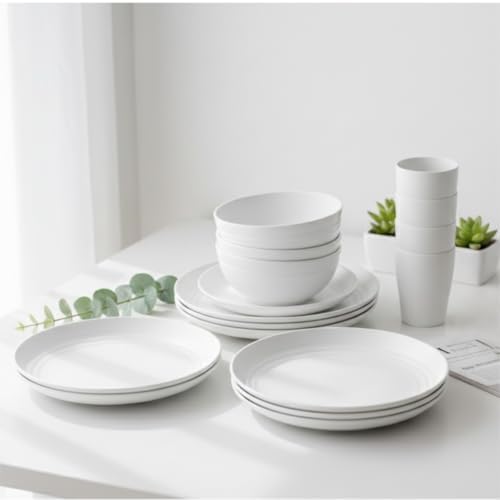 Wheat Straw Dinnerware Set for 4, 16PCS Unbreakable Plates Bowls Cups, Microwave & Dishwasher Safe Plastic Dishes, Lightweight Reusable Dinnerware for Kitchen, Camping, RV & Dorm (White)
