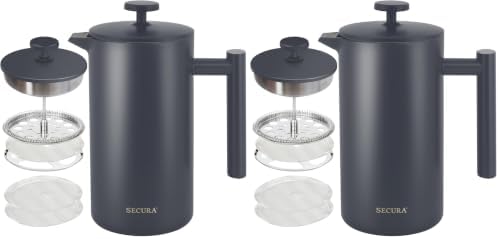 Secura French Press Coffee Maker, 304 Grade Stainless Steel Insulated Coffee Press with 2 Extra Screens, 34oz (1 Litre), Grey (Pack of 2)