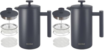 Secura French Press Coffee Maker, 304 Grade Stainless Steel Insulated Coffee Press with 2 Extra Screens, 34oz (1 Litre), Grey (Pack of 2)