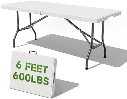 Folding Table 6 Foot - Heavy Duty 600LBS Capacity, Sturdy & Foldable Design with Safety Lock - Portable Tables Folding for Camping, Party, Indoor & Outdoor Use, 1 Pack