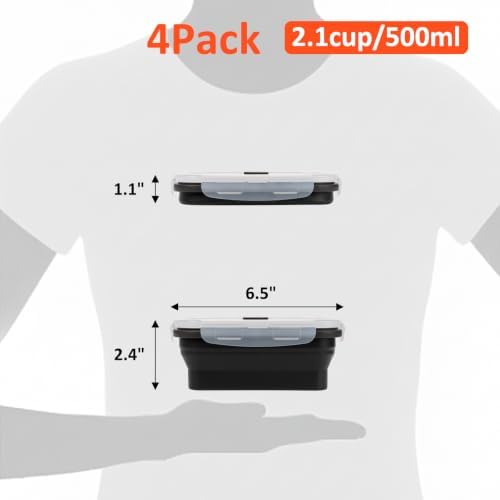 Collapsible Silicone Food Storage Containers Set with Lid & Air Vent,Foldable Lunch Containers(4PCS,Black,17oz)