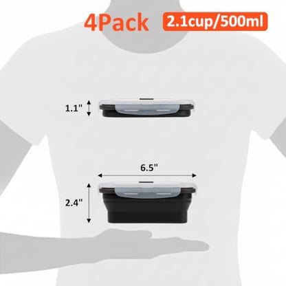 Collapsible Silicone Food Storage Containers Set with Lid & Air Vent,Foldable Lunch Containers(4PCS,Black,17oz)