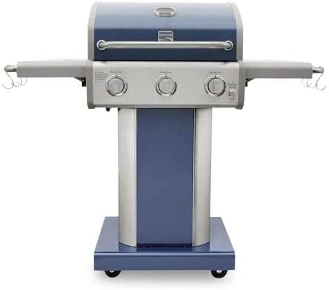 Kenmore 3-Burner Propane BBQ Grill, 30,000 BTUs Gas Grill with Cast Iron Cooking Grates, Folding Side Tables & Wheels, Outdoor Grill with Tool Hooks, Azure Blue
