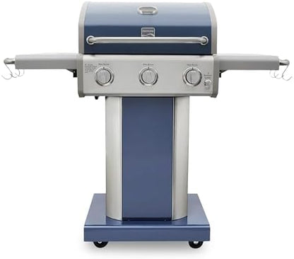 Kenmore 3-Burner Propane BBQ Grill, 30,000 BTUs Gas Grill with Cast Iron Cooking Grates, Folding Side Tables & Wheels, Outdoor Grill with Tool Hooks, Azure Blue