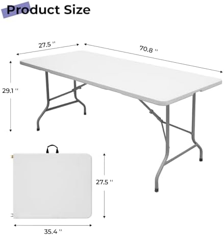 6ft Folding Table, Portable Heavy Duty Plastic Table for Party, White