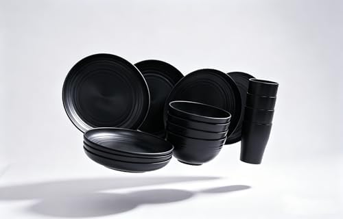 16-Piece Wheat Straw Dinnerware Set – Lightweight, Unbreakable, Eco-Friendly, Microwave & Dishwasher Safe – Black Reusable Plates, Bowls, Cups Set for 4 – Camping, RV, Daily Use – BPA Free