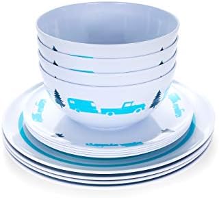 Camco Teal Life is Better at The Campsite 12 Piece Dishware Set-Blue Retro Trailer and Logo Design, Includes Plates and Bowls, Perfect for RVing and Camping, Melamine (53296)