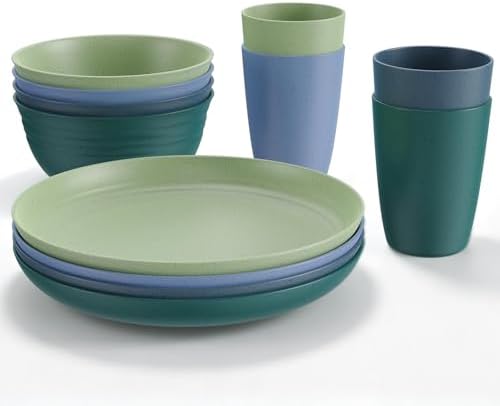 Anbte 12pcs Plastic Camping Plates and Bowls Sets for 4, Unbreakable
