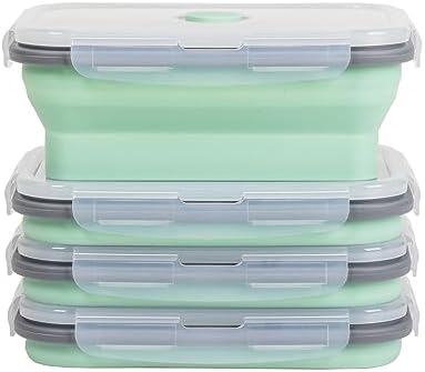 Collapsible Food Storage Containers with Lids & Vent, 27 oz, Kitchen Stacking Silicone Collapsible Meal Prep Container Set for Leftover, Microwave Freezer Dishwasher Safe, Mint Green, 4 Pack