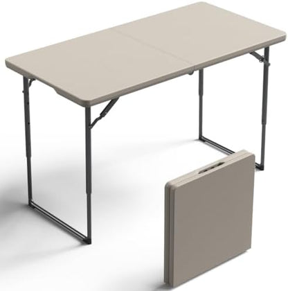 Folding Table, 4FT Foldable Picnic Table with Carrying Handle, Heavy Duty Fold-in-Half Portable Table for Weddings, Camping, RV Travel, Parties, BBQs, and Indoor Use, Easy to Fold and Store, Khaki