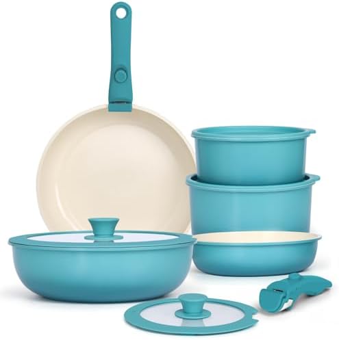 GIPP 11pcs Pots and Pans Set Non Stick, Nonstick Cookware Set Detachable Handle, Ceramic Pots for Cooking Non Stick with Removable Handle, RV Cookware Set for All Stoves, Light Blue Gradient