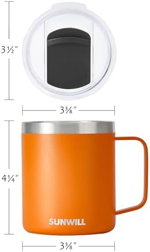 SUNWILL Insulated Coffee Mug with Lid, Travel Tumbler with Handle, 14 oz Stainless Steel Cup for Camping, Office, Home, Powder Coated Orange