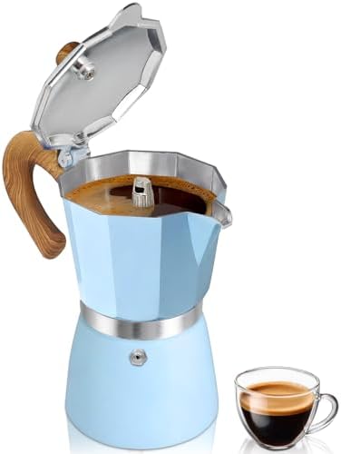 Coffee Maker Stovetop Espresso Maker 9 Cup Aluminum Moka Pot Percolator 15oz 450ml Easy Brewing for Electric Ceramic Stoves Home Camping Italian Cuban Café Classic Blue