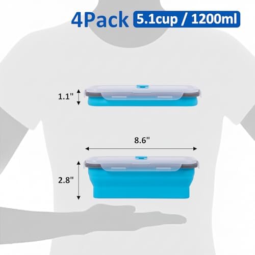 Collapsible Silicone Food Storage Containers Set with Lid & Air Vent,Foldable Lunch Containers(4PCS,Blue,40oz)